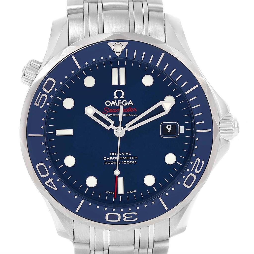 The image shows a front view of an Omega Seamaster 212.30.41.20.03.001 Men
s Stainless Steel Blue Dial 212.30.41.20.03.001 Men
s Stainless Steel Blue Dial watch, displaying its blue dial, bezel, and metal bracelet.