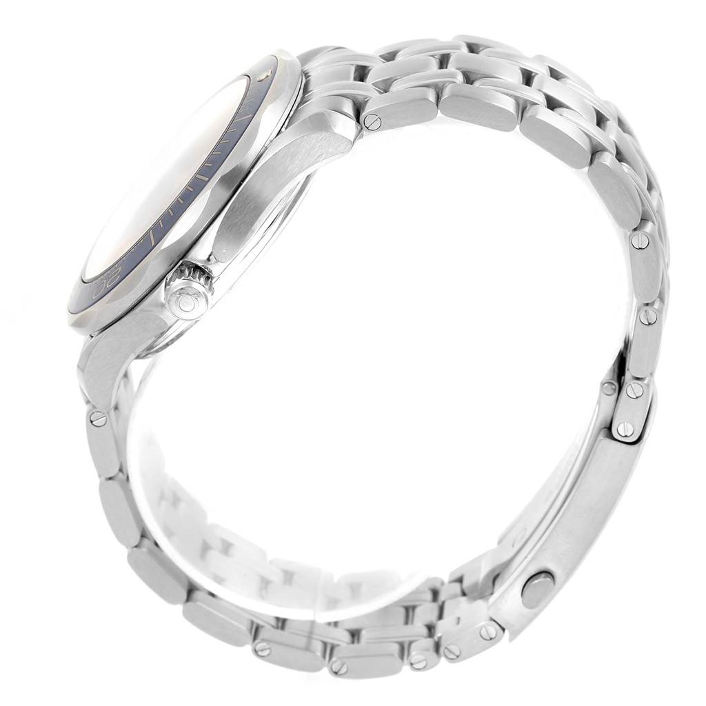 The image shows a side view of the Omega Seamaster 212.30.41.20.03.001 Men
s Stainless Steel Blue Dial 212.30.41.20.03.001 Men
s Stainless Steel Blue Dial watch, highlighting the case, bezel, crown, and stainless steel bracelet.