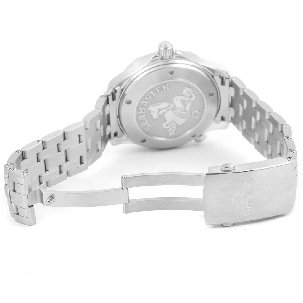 The image shows the back case and metal bracelet of an Omega Seamaster 212.30.41.20.03.001 Men
s Stainless Steel Blue Dial 212.30.41.20.03.001 Men
s Stainless Steel Blue Dial watch, including its clasp.