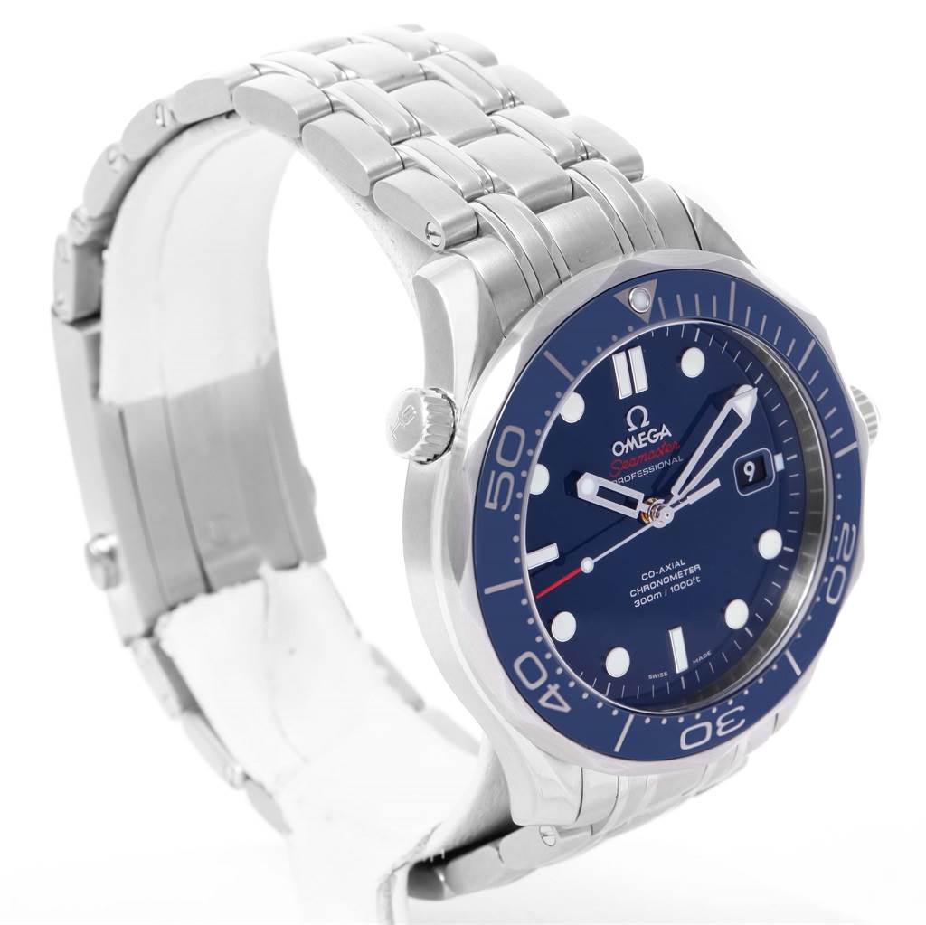 The image shows an Omega Seamaster 212.30.41.20.03.001 Men
s Stainless Steel Blue Dial 212.30.41.20.03.001 Men
s Stainless Steel Blue Dial watch from a three-quarter angle highlighting its dial, bezel, crown, and metal bracelet.