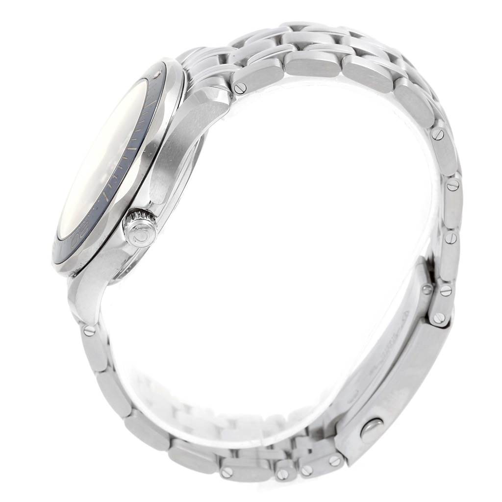 The image shows a side view of the Omega Seamaster 212.30.41.20.03.001 Men
s Stainless Steel Blue Dial 212.30.41.20.03.001 Men
s Stainless Steel Blue Dial watch, highlighting its case, bezel, crown, and metal bracelet.