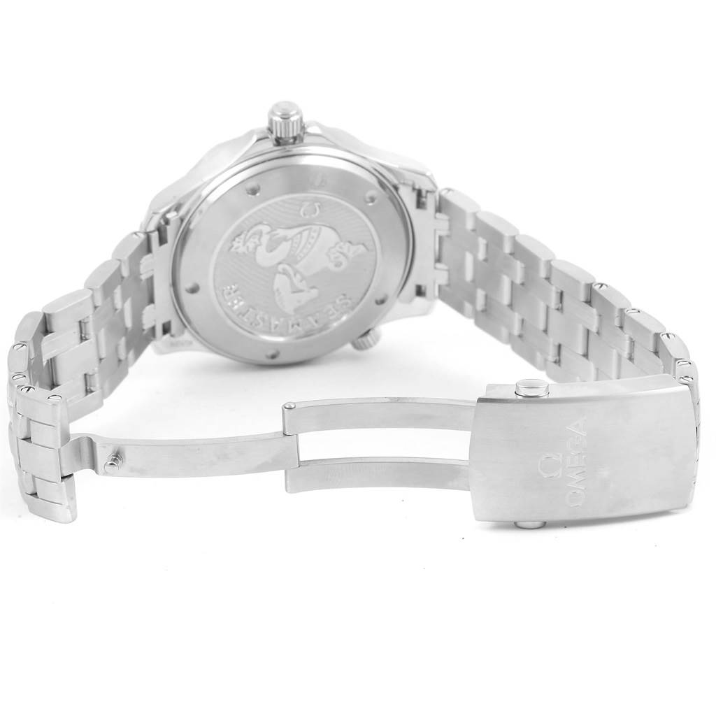 The image shows the back view of an Omega Seamaster 212.30.41.20.03.001 Men
s Stainless Steel Blue Dial 212.30.41.20.03.001 Men
s Stainless Steel Blue Dial watch, highlighting the case back, bracelet, and clasp.