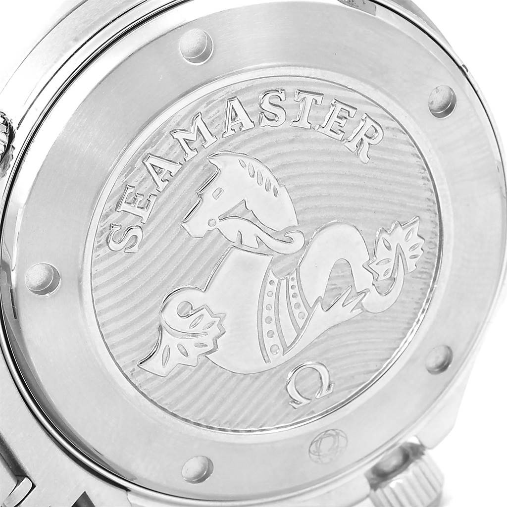 This image shows the case back of the Omega Seamaster 212.30.41.20.03.001 Men
s Stainless Steel Blue Dial 212.30.41.20.03.001 Men
s Stainless Steel Blue Dial watch, displaying its engraved logo and text.