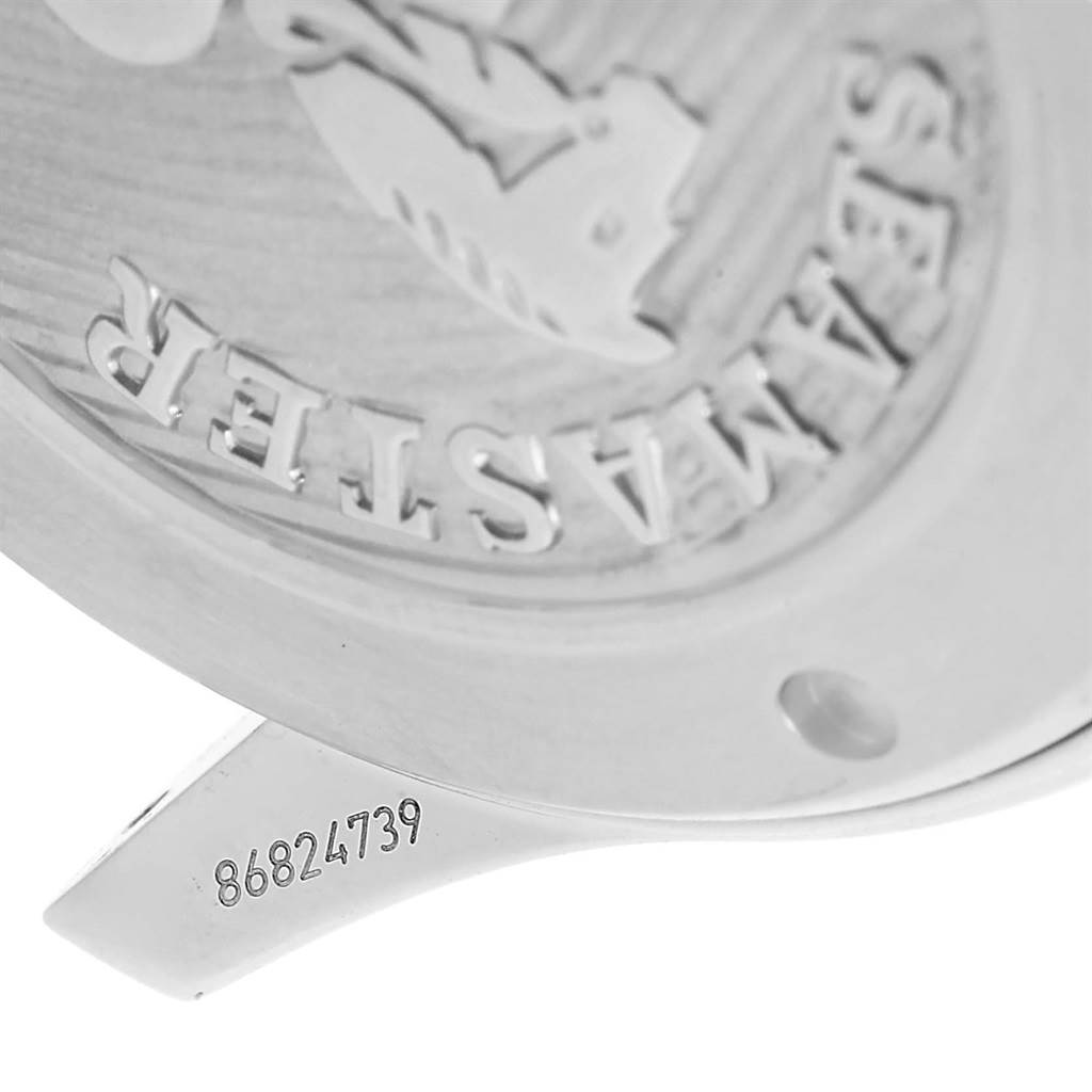 The image shows a close-up of the back of an Omega Seamaster 212.30.41.20.03.001 Men
s Stainless Steel Blue Dial 212.30.41.20.03.001 Men
s Stainless Steel Blue Dial watch and part of its serial number.