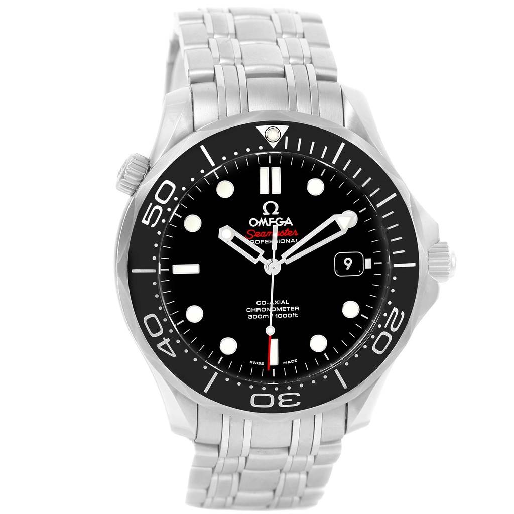 The Omega Seamaster 212.30.41.20.01.003 Men
s Stainless Steel Black Dial 212.30.41.20.01.003 Men
s Stainless Steel Black Dial watch is shown from a front angle displaying the dial, bezel, and bracelet.