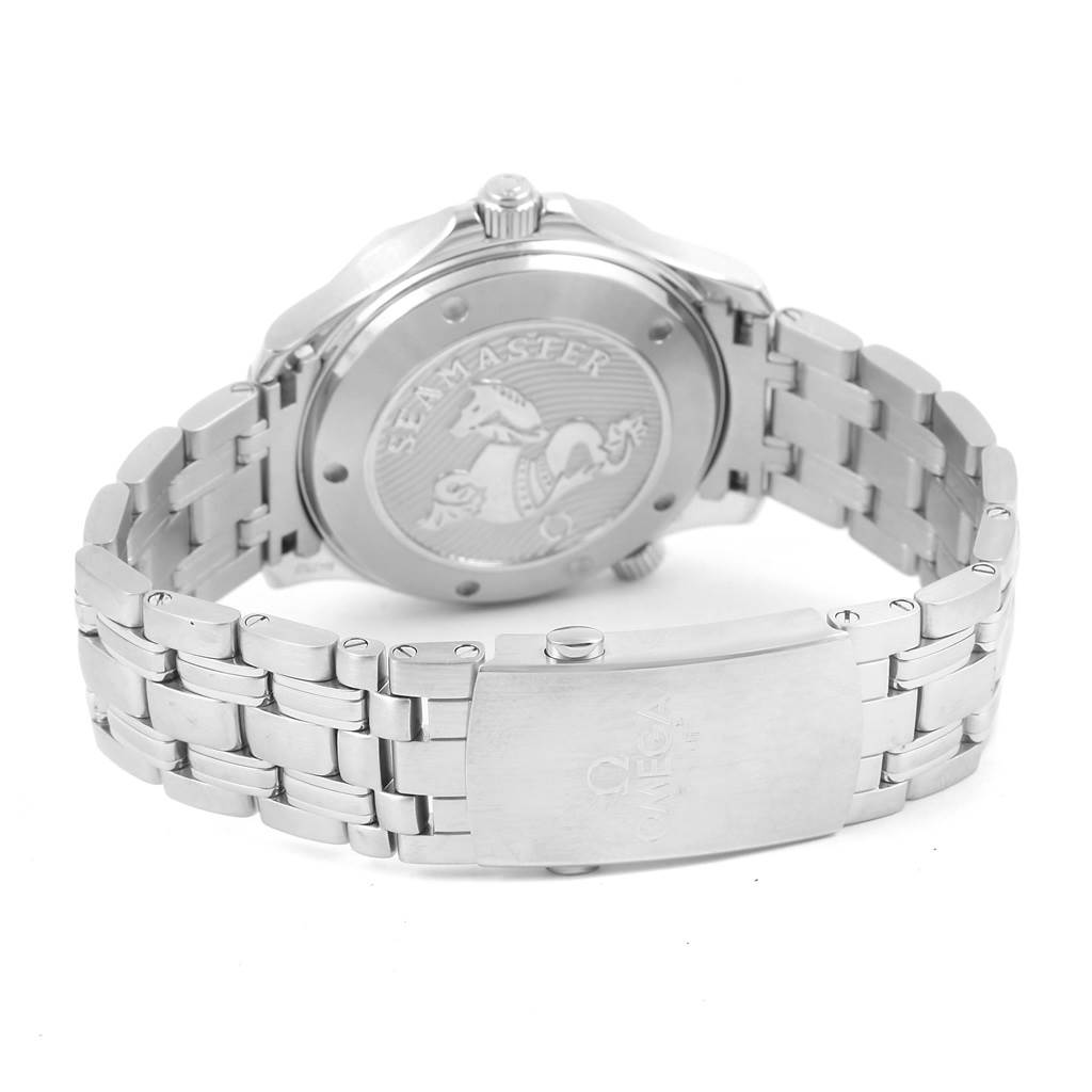 The image shows the back case and metal bracelet of an Omega Seamaster 212.30.41.20.01.003 Men
s Stainless Steel Black Dial 212.30.41.20.01.003 Men
s Stainless Steel Black Dial watch from a rear angle.