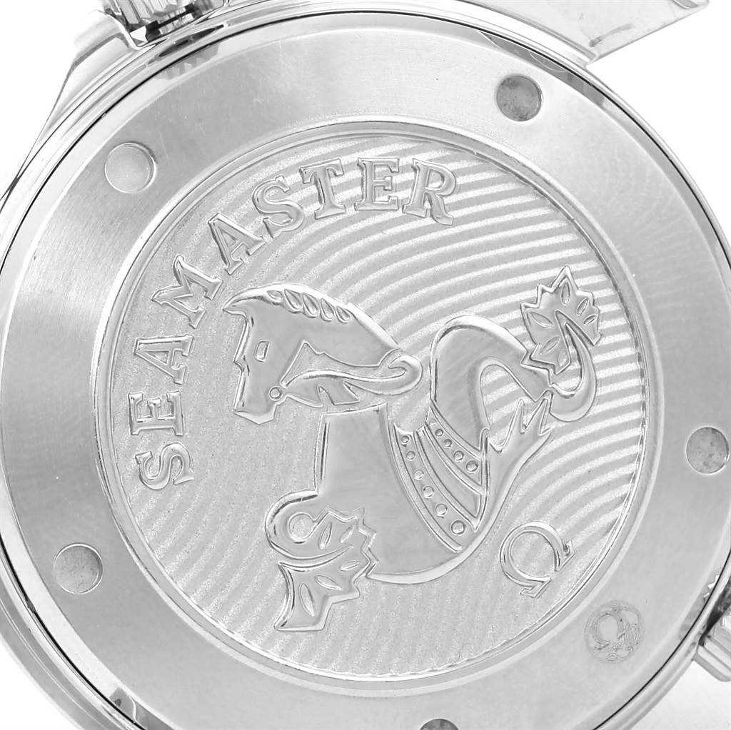 The image shows the back case of an Omega Seamaster 212.30.41.20.01.003 Men
s Stainless Steel Black Dial 212.30.41.20.01.003 Men
s Stainless Steel Black Dial watch with the Seamaster logo engraved.