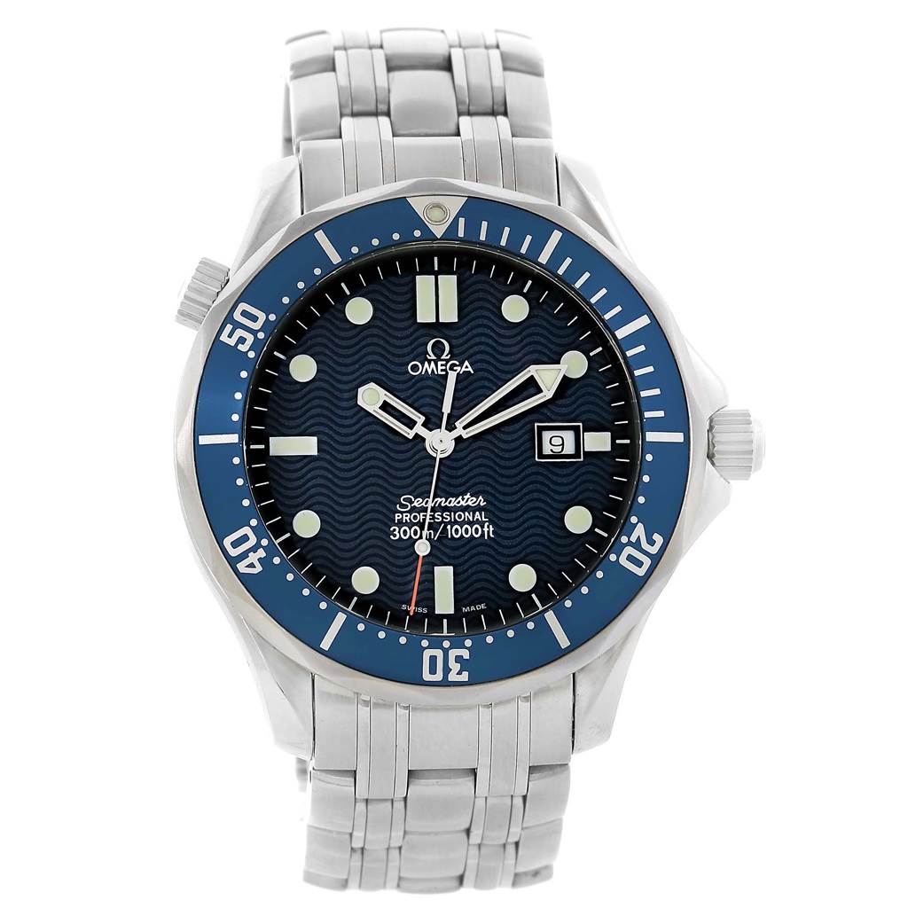 The image shows a front view of an Omega Seamaster 2541.80.00 Men
s Stainless Steel Blue Dial 2541.80.00 Men
s Stainless Steel Blue Dial watch, displaying the dial, bezel, and bracelet.