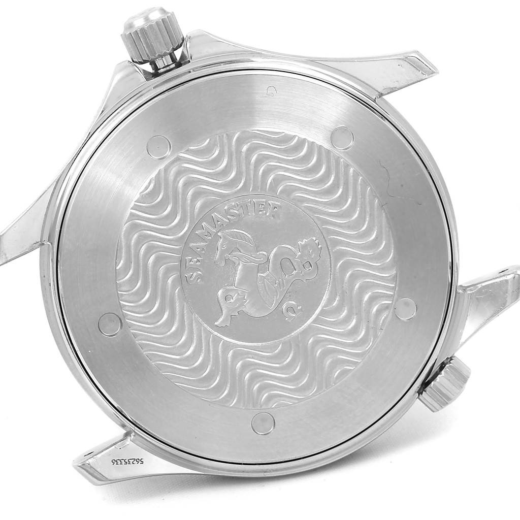 The image shows the back case and crown of the Omega Seamaster 2541.80.00 Men
s Stainless Steel Blue Dial 2541.80.00 Men
s Stainless Steel Blue Dial, displaying the engraved logo and wave pattern.