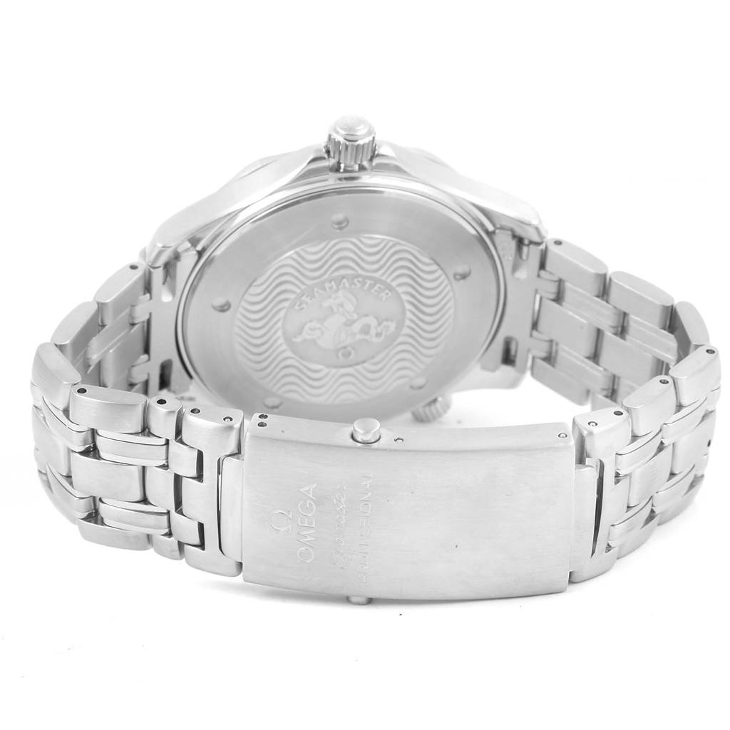 This image shows the back case, crown, and metal bracelet of the Omega Seamaster 2541.80.00 Men
s Stainless Steel Blue Dial 2541.80.00 Men
s Stainless Steel Blue Dial watch from a rear angle.