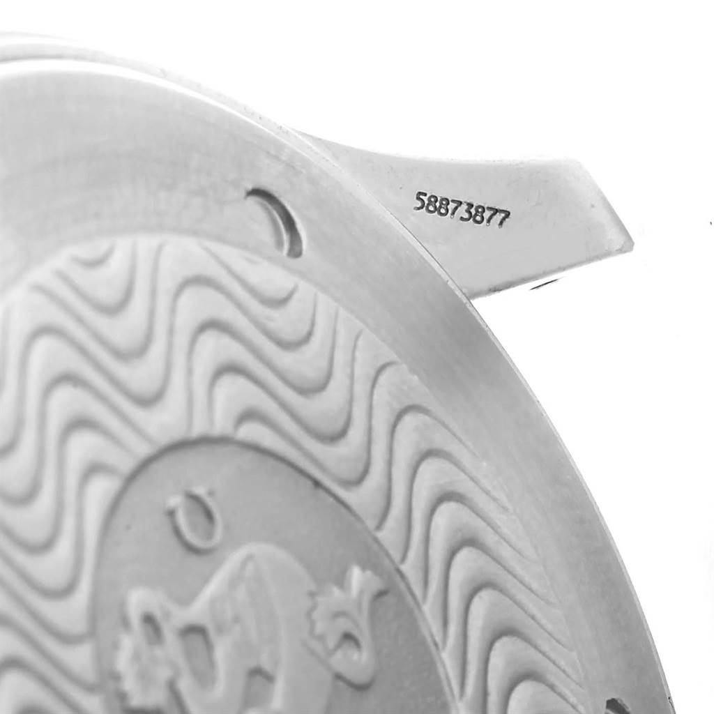 The image shows a close-up of the back case of an Omega Seamaster 2541.80.00 Men
s Stainless Steel Blue Dial 2541.80.00 Men
s Stainless Steel Blue Dial watch, highlighting its engraved design and serial number.