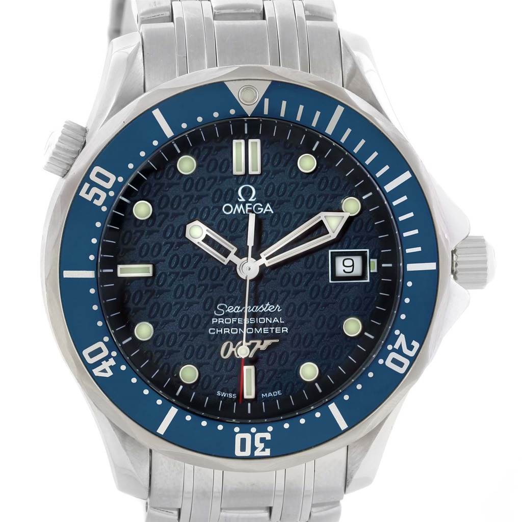 The image shows a front angle view of an Omega Seamaster 2537.80.00 Men's Stainless Steel Blue Dial 2537.80.00 Men's Stainless Steel Blue Dial Professional Chronometer watch with a blue dial and stainless steel bracelet.