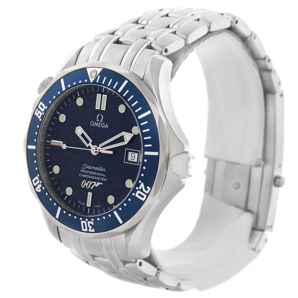 The image shows an Omega Seamaster 2537.80.00 Men's Stainless Steel Blue Dial 2537.80.00 Men's Stainless Steel Blue Dial watch at an oblique angle, highlighting its face, bezel, case, and bracelet.