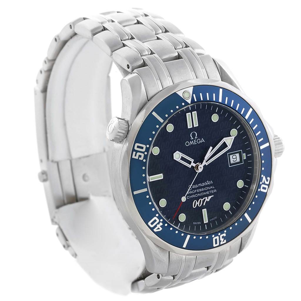 The image shows an angled view of the Omega Seamaster 2537.80.00 Men's Stainless Steel Blue Dial 2537.80.00 Men's Stainless Steel Blue Dial watch, highlighting its face, bezel, and metal bracelet.