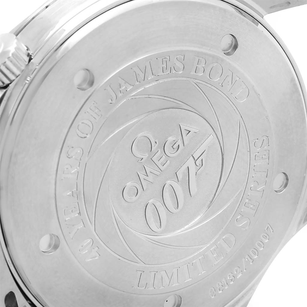 The image shows the engraved case back of the Omega Seamaster 2537.80.00 Men's Stainless Steel Blue Dial 2537.80.00 Men's Stainless Steel Blue Dial, featuring a "40 Years of James Bond" design.