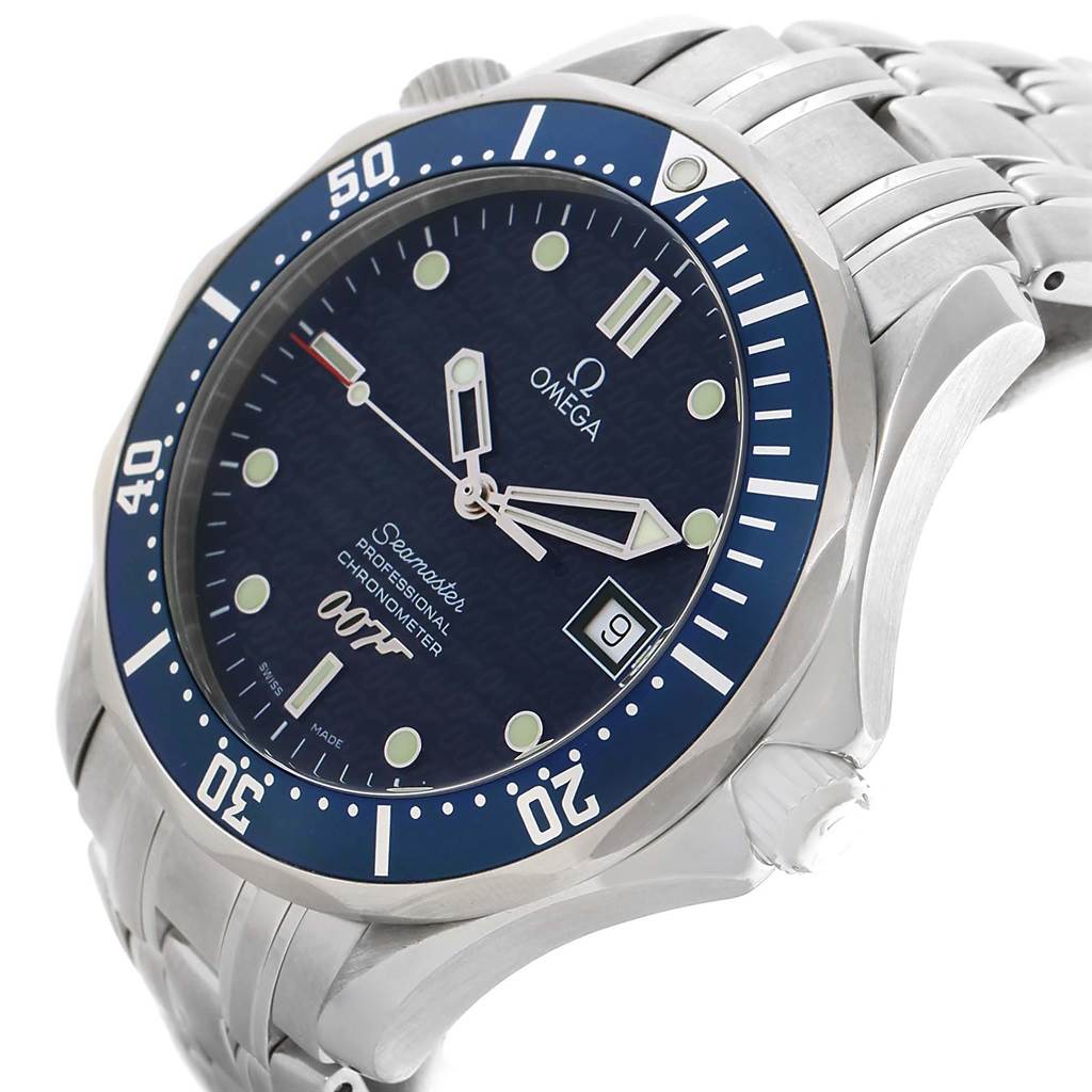 The image shows a close-up angle of the Omega Seamaster 2537.80.00 Men's Stainless Steel Blue Dial 2537.80.00 Men's Stainless Steel Blue Dial watch, highlighting its blue dial, bezel, and stainless steel bracelet.