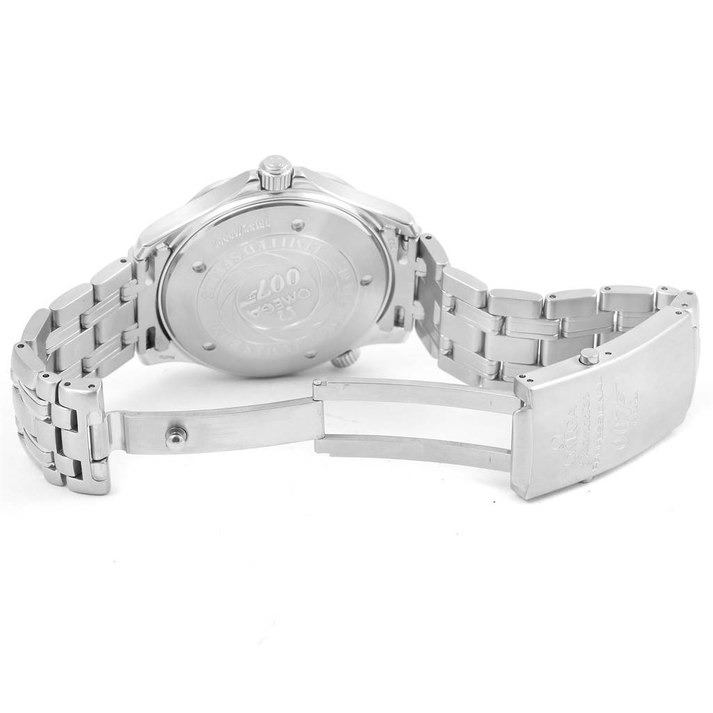 The image shows the back and clasp of an Omega Seamaster 2537.80.00 Men's Stainless Steel Blue Dial 2537.80.00 Men's Stainless Steel Blue Dial watch at a slightly angled top-down view.