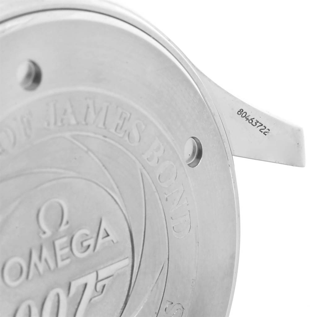 This image shows the engraved case back of an Omega Seamaster 2537.80.00 Men's Stainless Steel Blue Dial 2537.80.00 Men's Stainless Steel Blue Dial watch, focused on the "007" James Bond branding and some numbers.