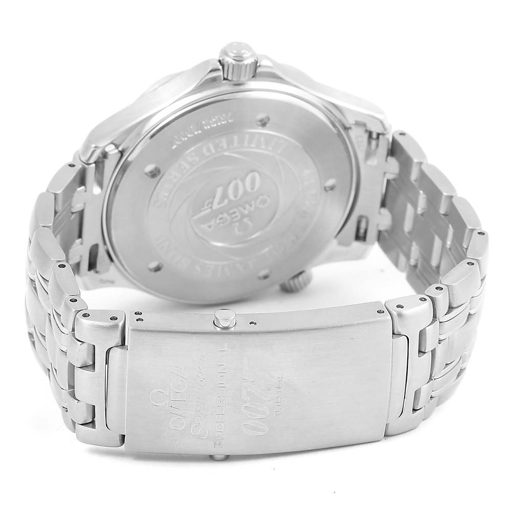 This image shows the back and clasp of the Omega Seamaster 2537.80.00 Men's Stainless Steel Blue Dial 2537.80.00 Men's Stainless Steel Blue Dial watch, highlighting the engraved case back and metal bracelet.