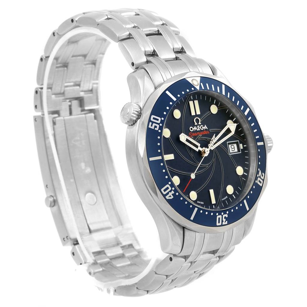 The image shows an Omega Seamaster 2226.80.00 Men
s Stainless Steel Blue Dial 2226.80.00 Men
s Stainless Steel Blue Dial watch at an angled view, highlighting its face, bezel, case, bracelet, and crown.
