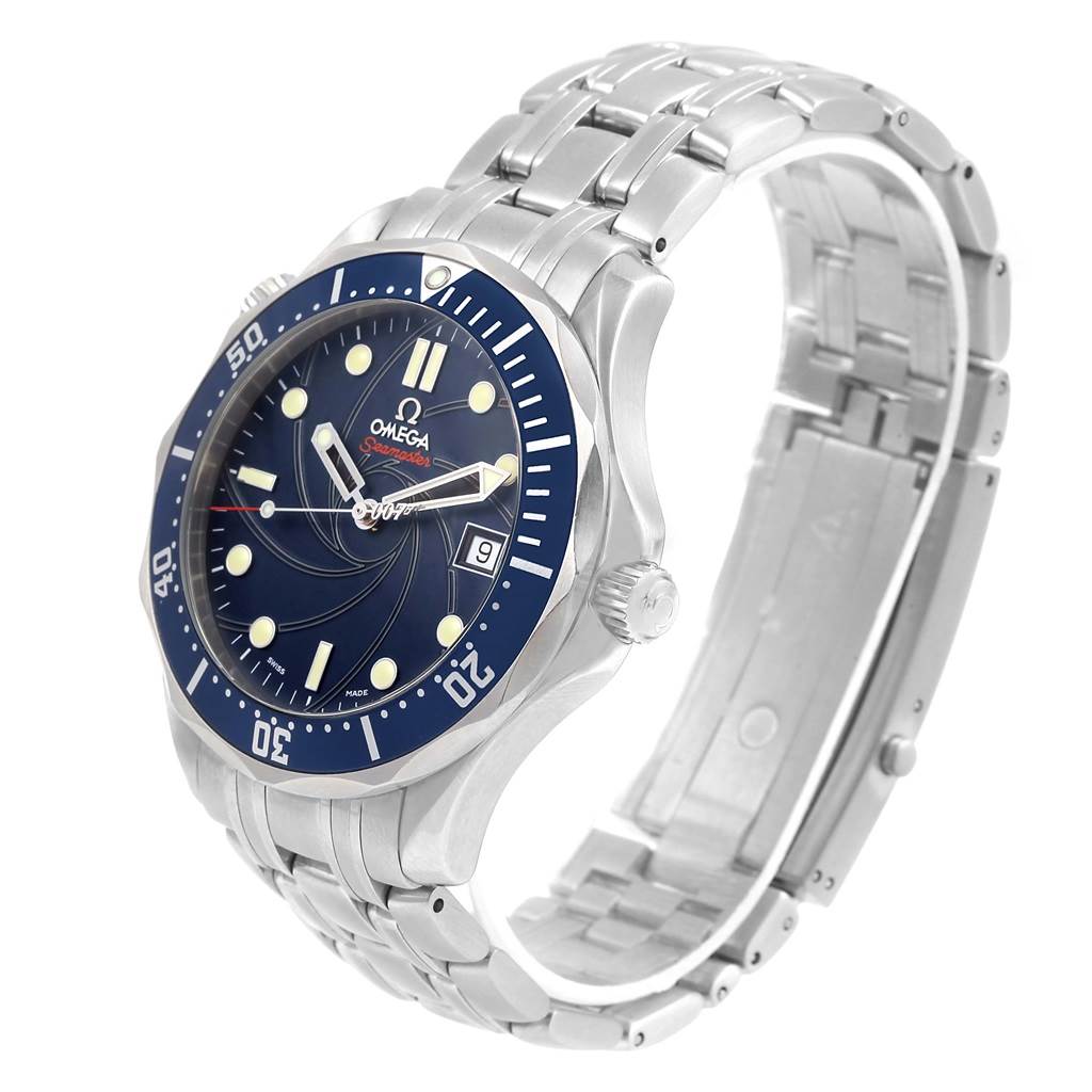 The image showcases an Omega Seamaster 2226.80.00 Men
s Stainless Steel Blue Dial 2226.80.00 Men
s Stainless Steel Blue Dial watch at a slight angle, highlighting its bracelet, face, bezel, and crown.