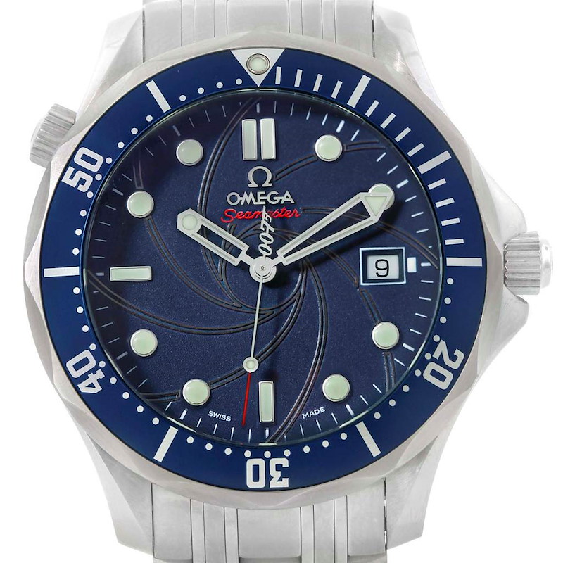 The image shows a front view of the Omega Seamaster watch, highlighting the blue dial, date window, and stainless steel case and bracelet.