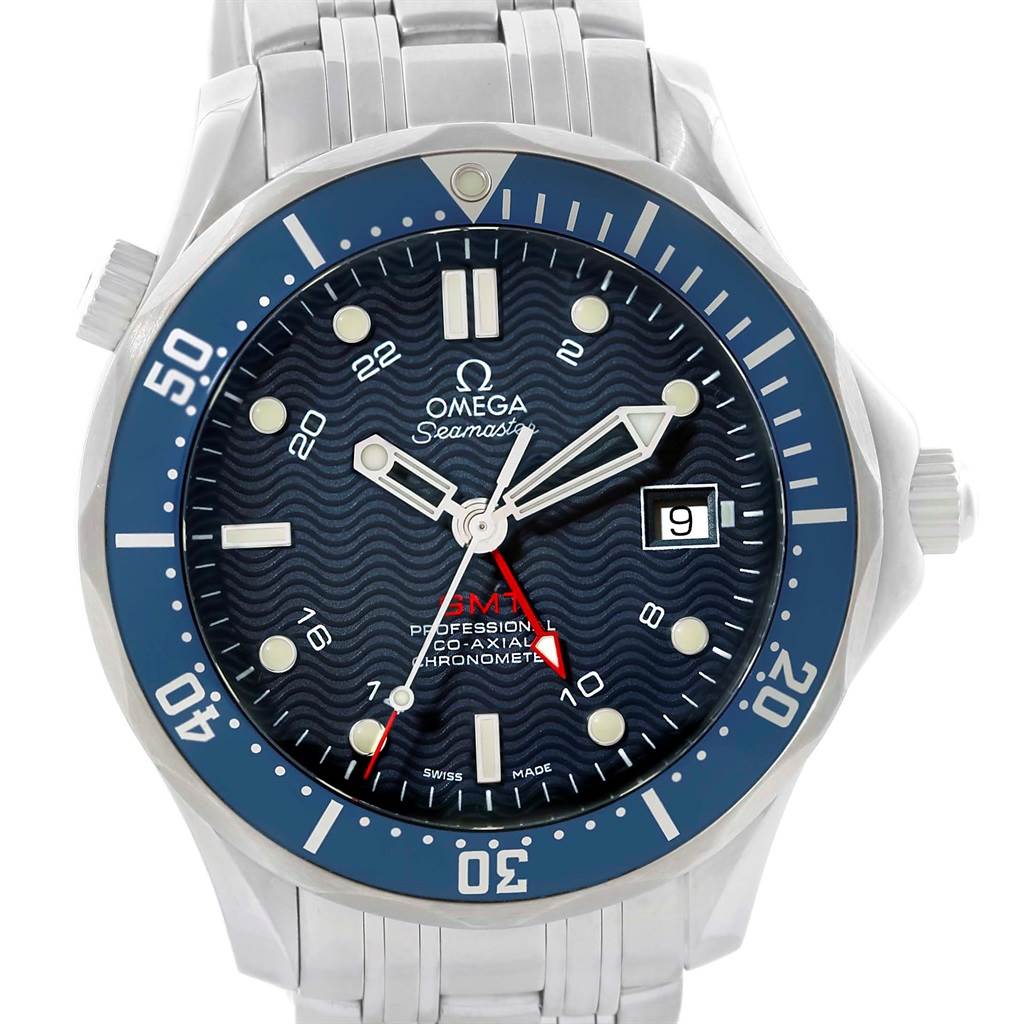 The Omega Seamaster 2535.80.00 Men
s Stainless Steel Blue Dial 2535.80.00 Men
s Stainless Steel Blue Dial watch is shown from the front, displaying its face, bezel, and part of the bracelet.