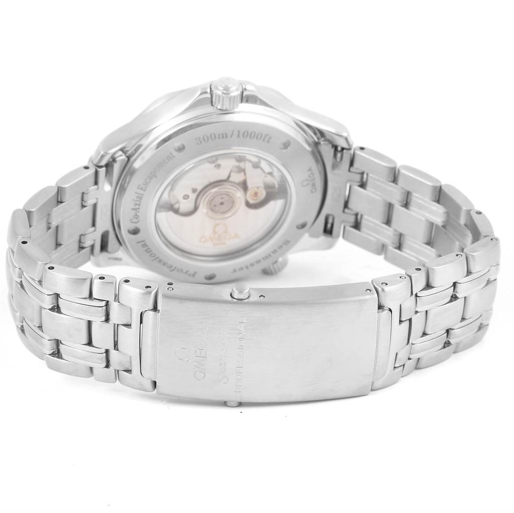 The image shows the backside of an Omega Seamaster 2535.80.00 Men
s Stainless Steel Blue Dial 2535.80.00 Men
s Stainless Steel Blue Dial watch, focusing on the case back and metal bracelet.