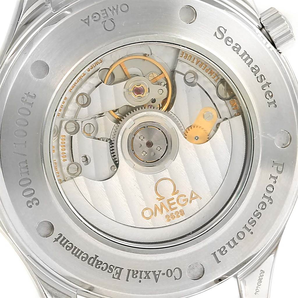 The image shows the back of an Omega Seamaster 2535.80.00 Men
s Stainless Steel Blue Dial 2535.80.00 Men
s Stainless Steel Blue Dial watch, highlighting its co-axial escapement and internal mechanics.