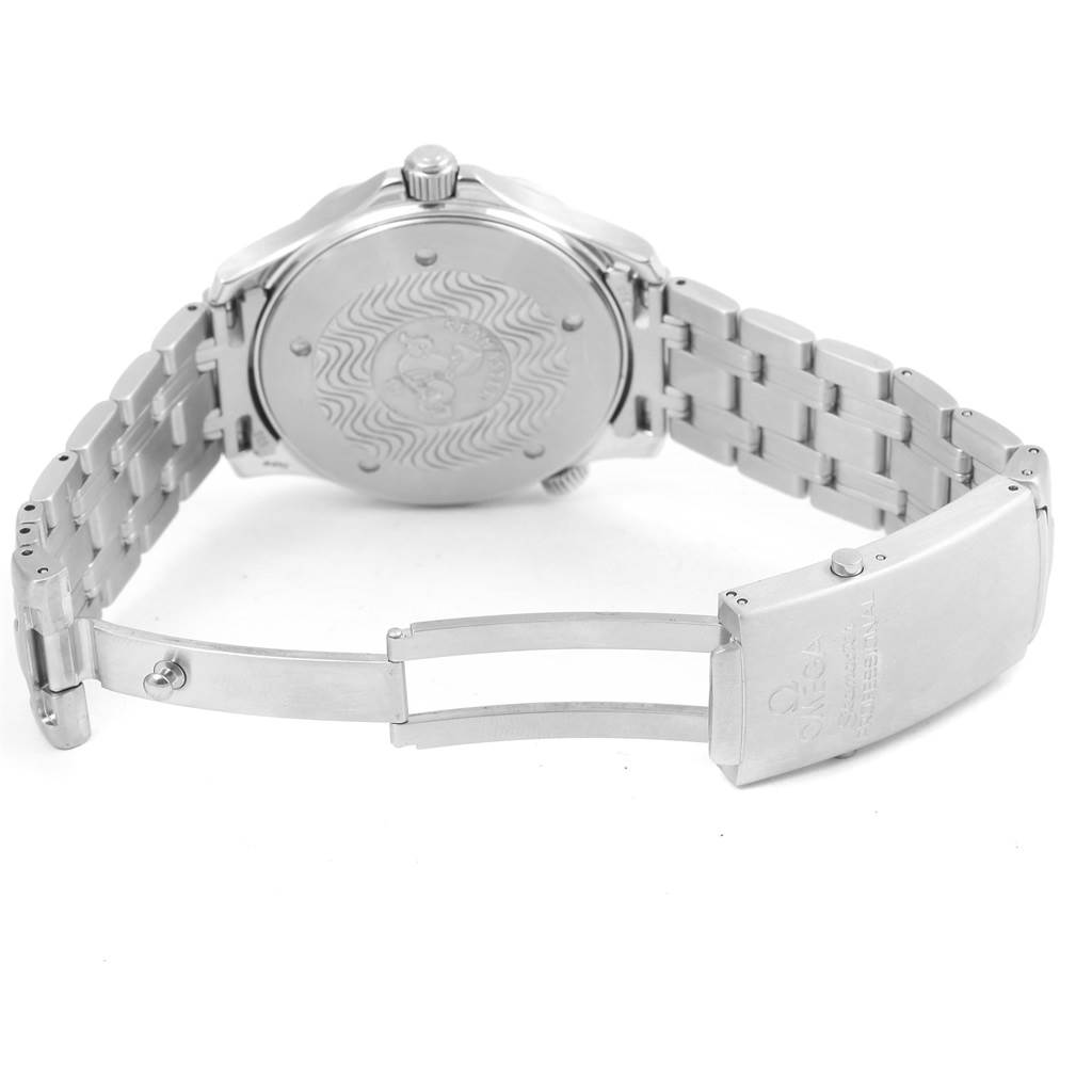 The image shows the back view of an Omega Seamaster 2541.80.00 Men
s Stainless Steel Blue Dial 2541.80.00 Men
s Stainless Steel Blue Dial watch, highlighting its case back and bracelet with an open clasp.