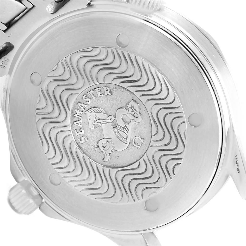 The image shows the case back of an Omega Seamaster 2541.80.00 Men
s Stainless Steel Blue Dial 2541.80.00 Men
s Stainless Steel Blue Dial watch, featuring its engraved logo and wave pattern.