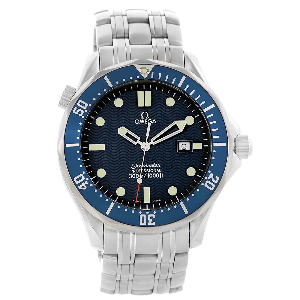 The image shows a front view of the Omega Seamaster 2541.80.00 Men
s Stainless Steel Blue Dial 2541.80.00 Men
s Stainless Steel Blue Dial watch, highlighting the face, bezel, bracelet, and crown.