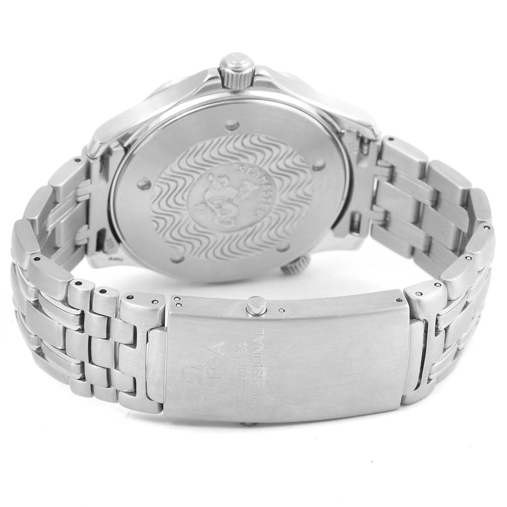 This image shows the back case, crown, and metal bracelet clasp of the Omega Seamaster 2541.80.00 Men
s Stainless Steel Blue Dial 2541.80.00 Men
s Stainless Steel Blue Dial watch from a rear angle.