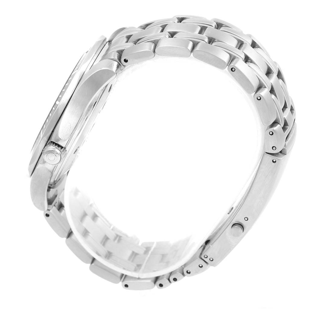 Side view of an Omega Seamaster 2541.80.00 Men
s Stainless Steel Blue Dial 2541.80.00 Men
s Stainless Steel Blue Dial showing the crown, case, and metal bracelet in a closed position.