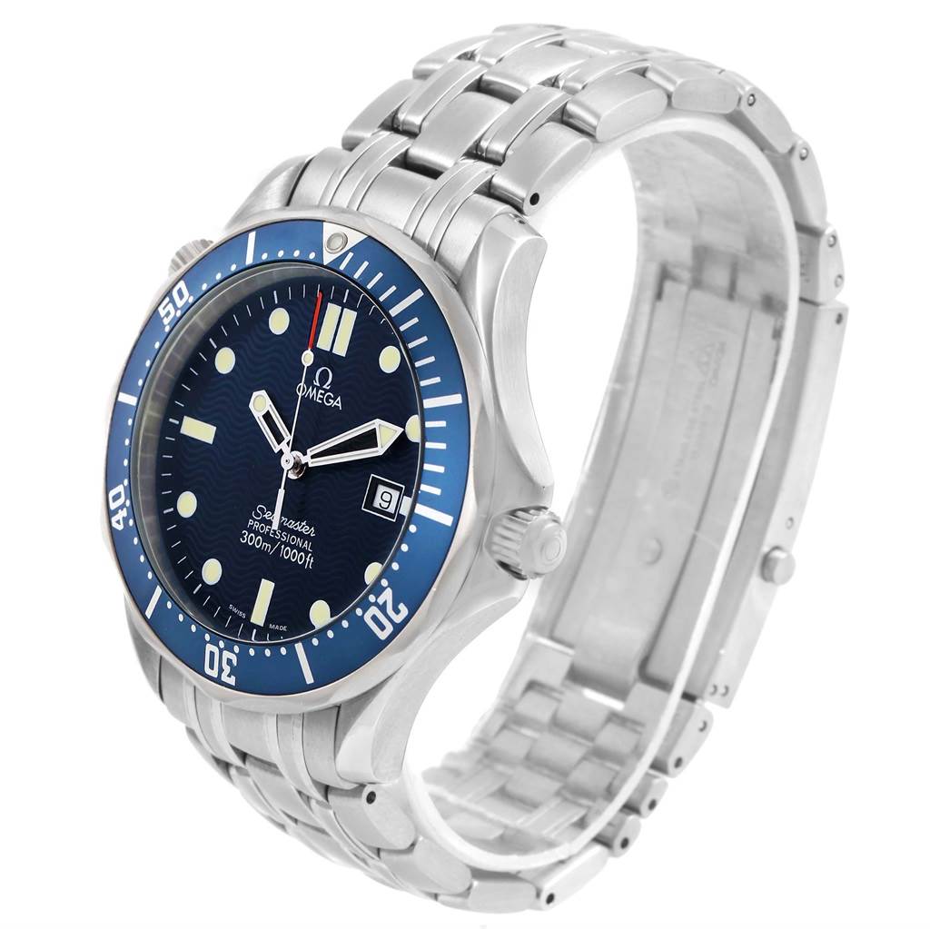 This Omega Seamaster 2541.80.00 Men
s Stainless Steel Blue Dial 2541.80.00 Men
s Stainless Steel Blue Dial watch is pictured at an angled side view showing the face, bezel, crown, and stainless steel bracelet.