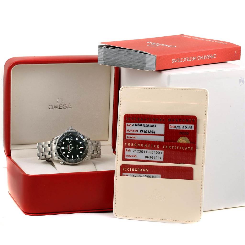 The Omega Seamaster 212.30.41.20.01.003 Men
s Stainless Steel Black Dial 212.30.41.20.01.003 Men
s Stainless Steel Black Dial watch is displayed in its box with certification cards and an instruction manual.