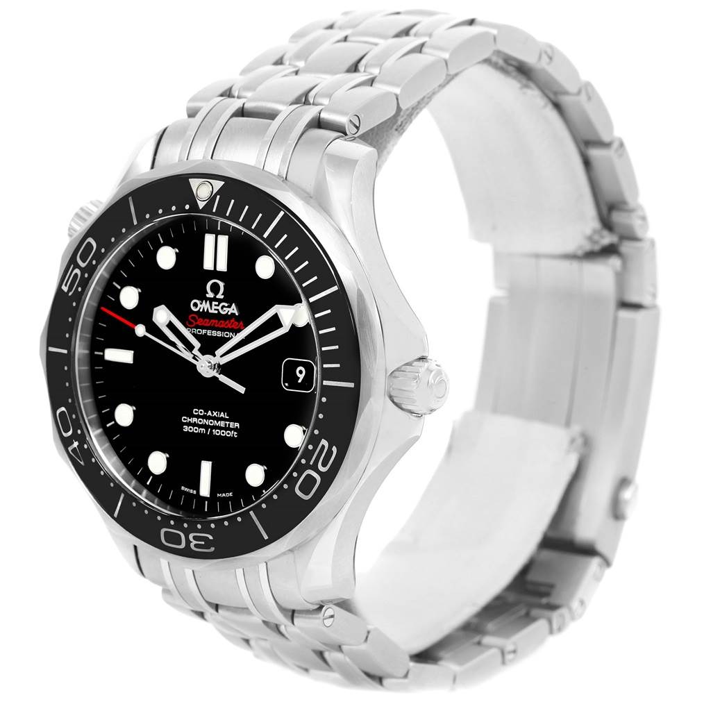 The image shows the Omega Seamaster 212.30.41.20.01.003 Men
s Stainless Steel Black Dial 212.30.41.20.01.003 Men
s Stainless Steel Black Dial watch from a three-quarter angle, highlighting the face, bezel, and metal bracelet.