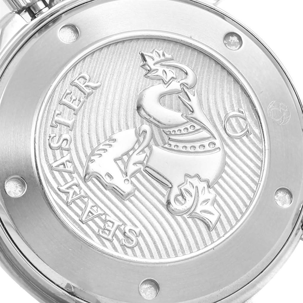 The image shows the case back of the Omega Seamaster 212.30.41.20.01.003 Men
s Stainless Steel Black Dial 212.30.41.20.01.003 Men
s Stainless Steel Black Dial watch, featuring an engraved seahorse emblem.