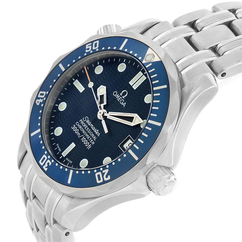 The image shows an Omega Seamaster 2551.80.00 Men
s Stainless Steel Blue Dial 2551.80.00 Men
s Stainless Steel Blue Dial watch at a slight angle, highlighting the blue dial, bezel, crown, and metal bracelet.