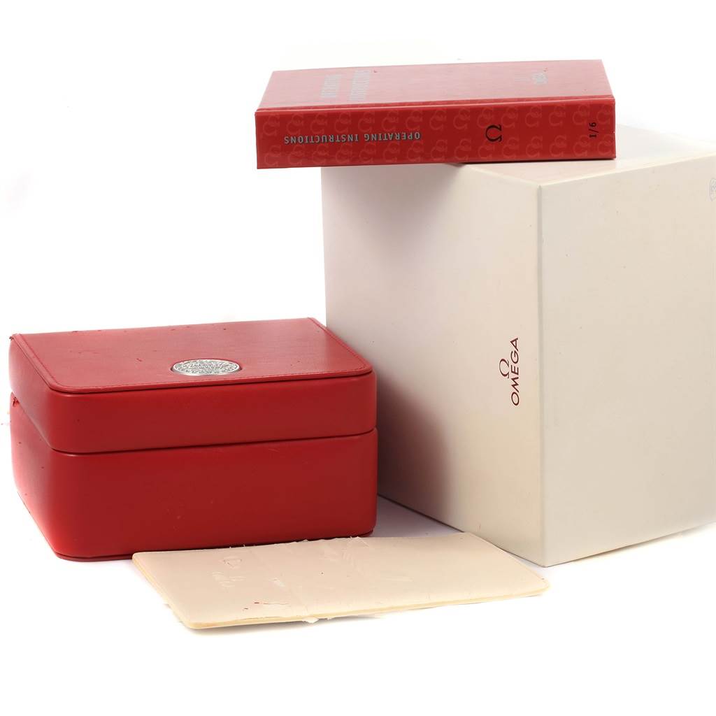 This image shows the packaging of an Omega Seamaster 2551.80.00 Men
s Stainless Steel Blue Dial 2551.80.00 Men
s Stainless Steel Blue Dial, including the box, operating instructions, and cards.