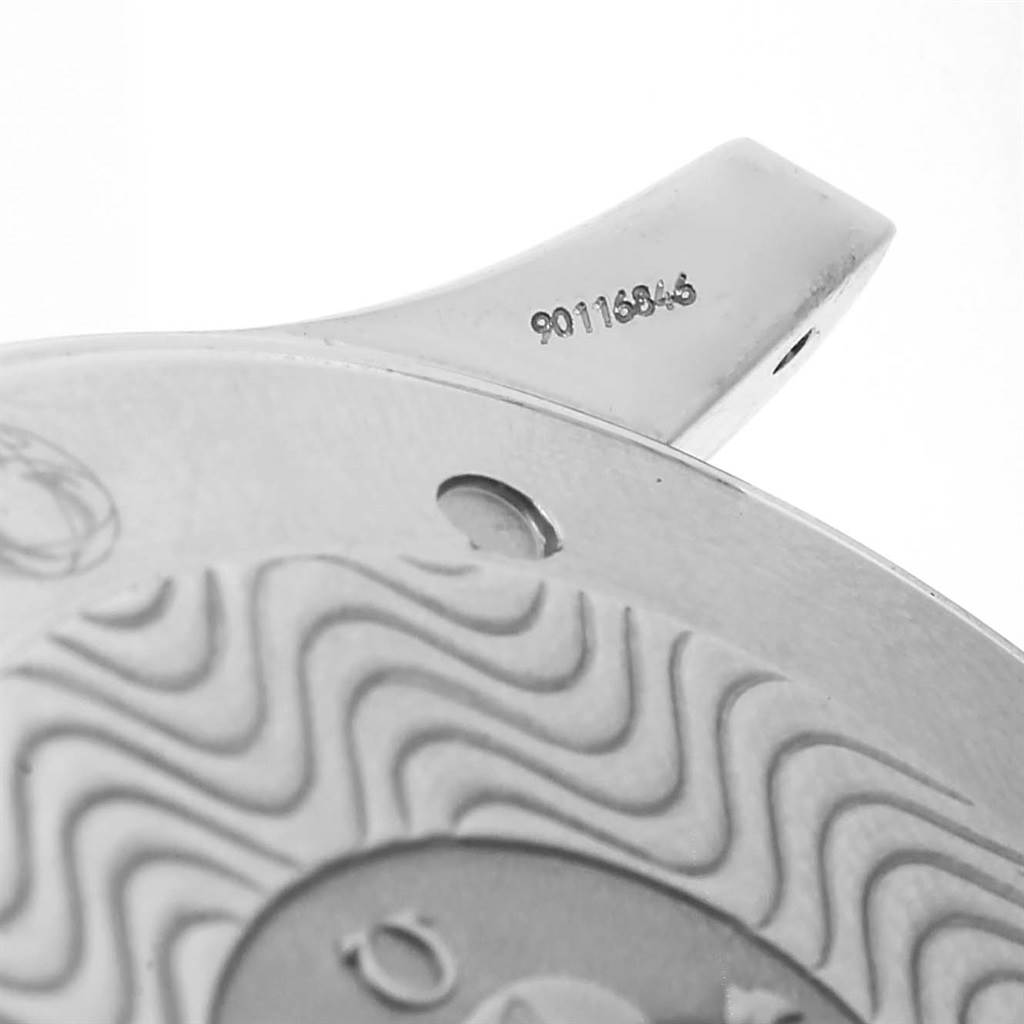 This image shows a close-up of the back casing and lug of an Omega Seamaster 2264.50.00 Men
s Stainless Steel Black Dial 2264.50.00 Men
s Stainless Steel Black Dial watch, including serial numbers and intricate detailing.