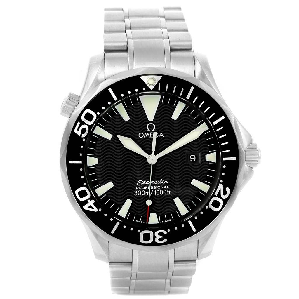 The image shows a front view of an Omega Seamaster 2264.50.00 Men
s Stainless Steel Black Dial 2264.50.00 Men
s Stainless Steel Black Dial watch, highlighting the dial, bezel, and bracelet.