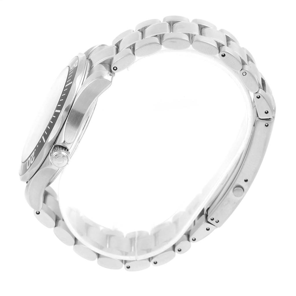 This side-view image of the Omega Seamaster 2264.50.00 Men
s Stainless Steel Black Dial 2264.50.00 Men
s Stainless Steel Black Dial watch shows its bezel, crown, and metal bracelet.