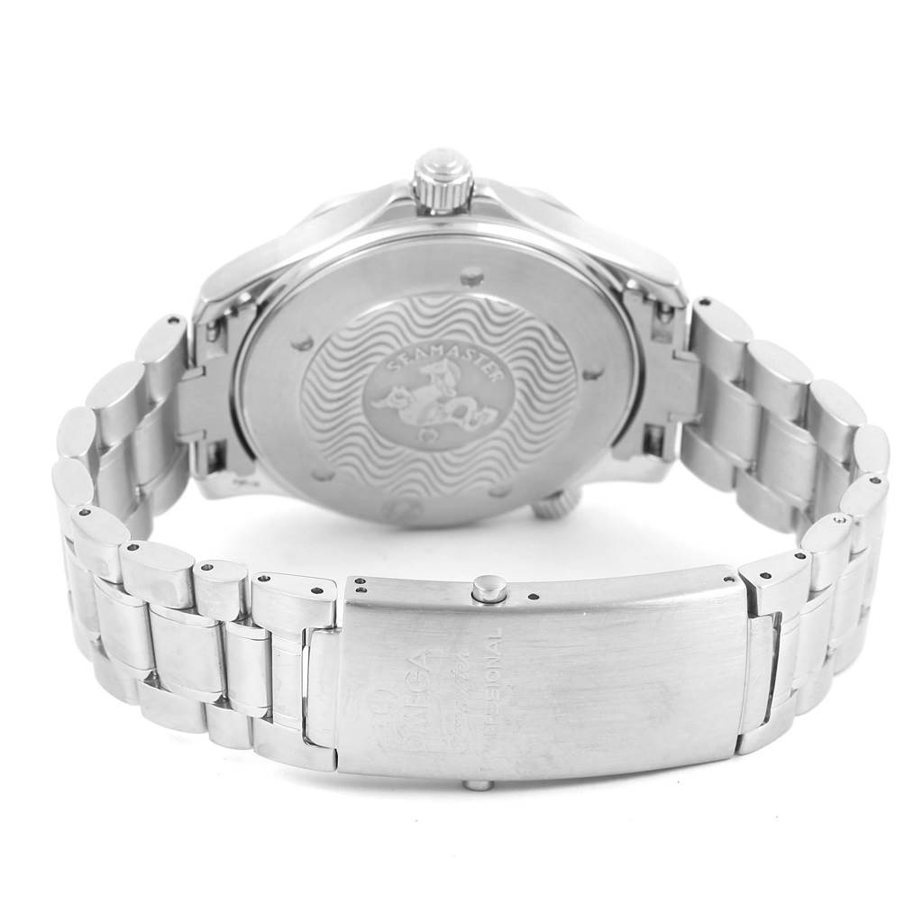 The image shows the back and clasp of an Omega Seamaster 2264.50.00 Men
s Stainless Steel Black Dial 2264.50.00 Men
s Stainless Steel Black Dial watch, highlighting the case back and bracelet.