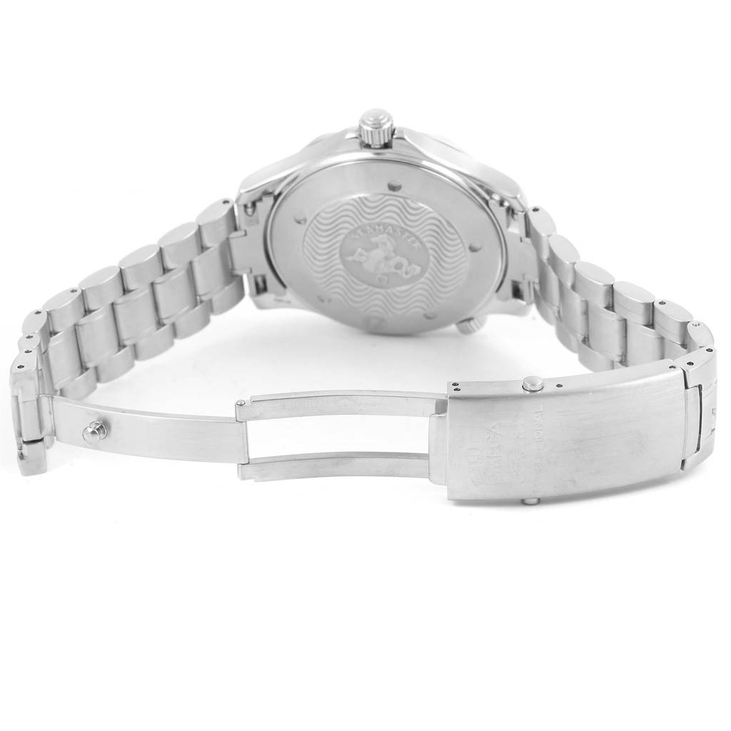 The image shows the back and partially opened clasp of an Omega Seamaster 2264.50.00 Men
s Stainless Steel Black Dial 2264.50.00 Men
s Stainless Steel Black Dial watch, highlighting its bracelet and case back.