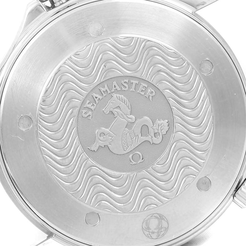 The image shows the engraved case back of an Omega Seamaster 2264.50.00 Men
s Stainless Steel Black Dial 2264.50.00 Men
s Stainless Steel Black Dial watch, featuring the logo and waving pattern.