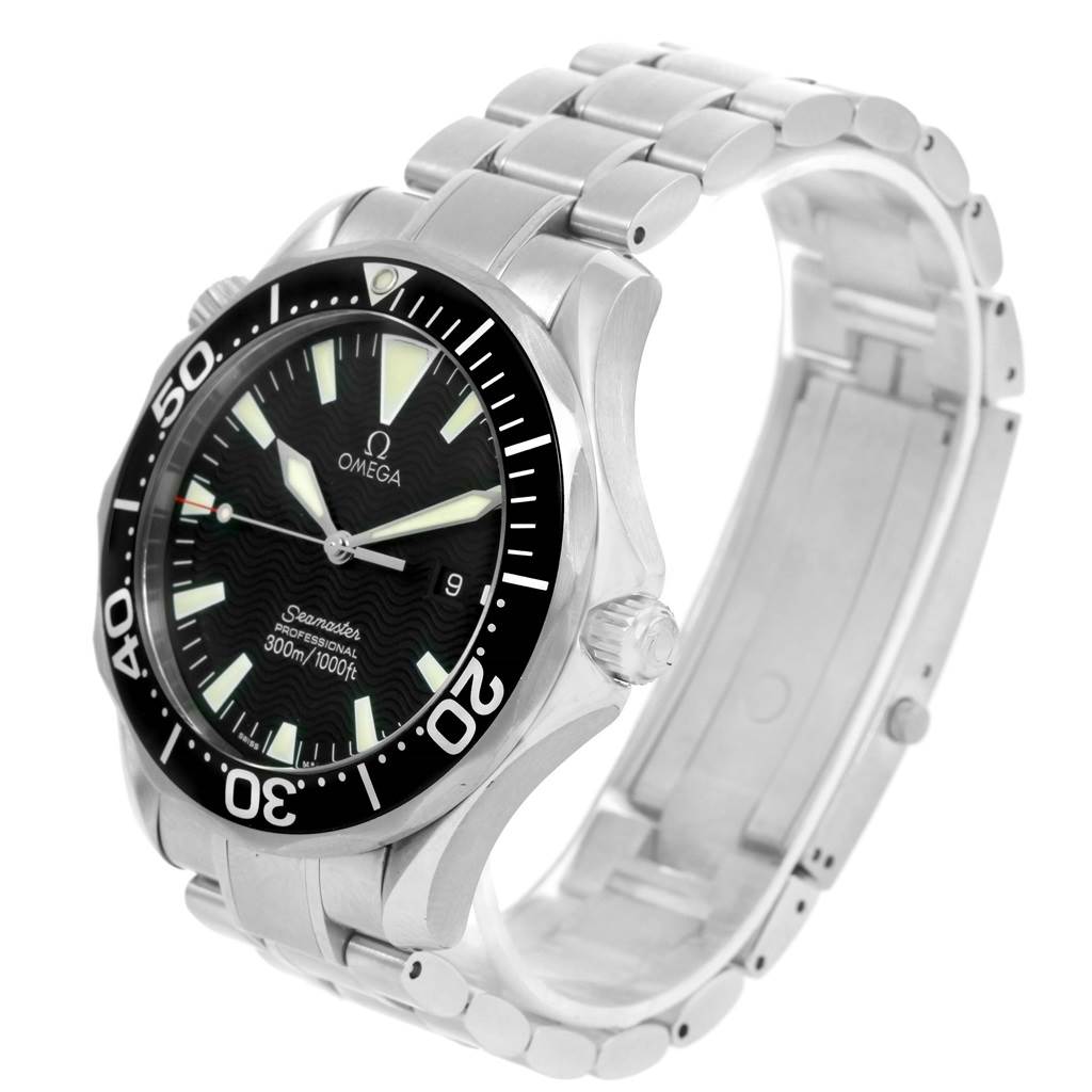 The image shows an Omega Seamaster 2264.50.00 Men
s Stainless Steel Black Dial 2264.50.00 Men
s Stainless Steel Black Dial watch at an angled view highlighting the face, bezel, and part of the metal bracelet.