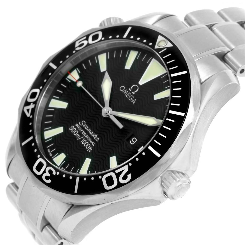 The Omega Seamaster 2264.50.00 Men
s Stainless Steel Black Dial 2264.50.00 Men
s Stainless Steel Black Dial watch is shown at a slight angle, highlighting its bezel, dial, hands, and stainless steel bracelet.