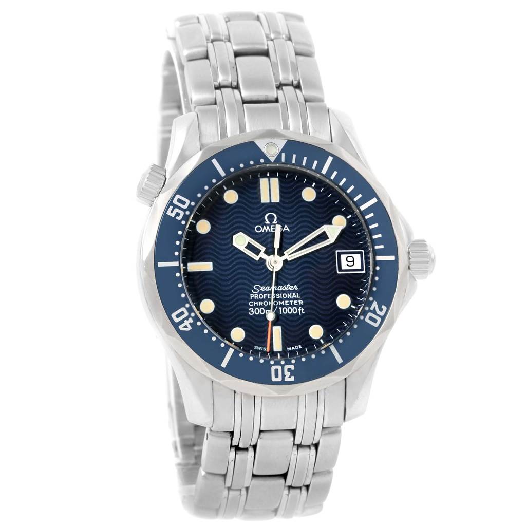 The Seamaster by Omega is shown from the front, displaying its face, bezel, dial, and bracelet.