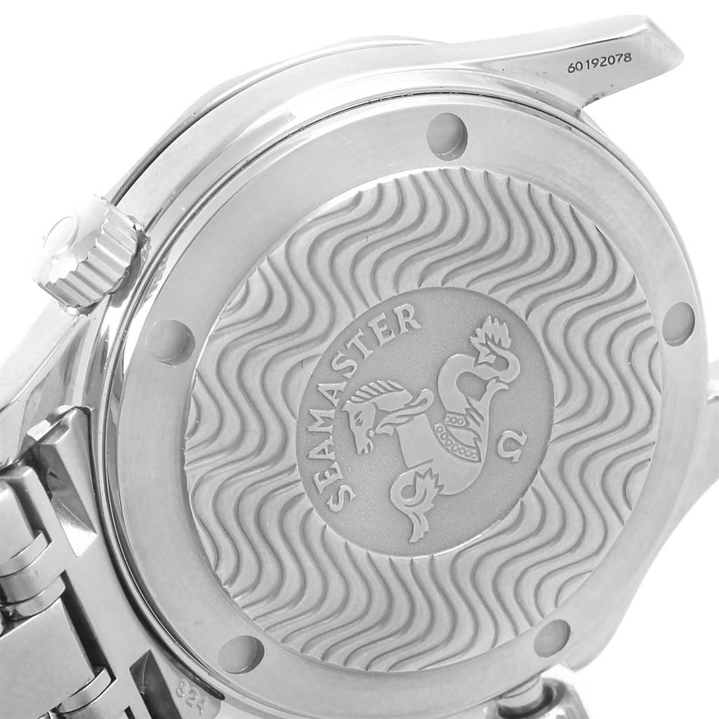 The image shows the back case and part of the bracelet of an Omega Seamaster 2551.80.00 Men
s Stainless Steel Blue Dial 2551.80.00 Men
s Stainless Steel Blue Dial watch.